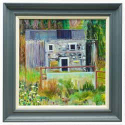 Sue Dewhurst (British Contemporary): 'Barn with Blue Door' 'Blue Metal Barn' 'Haytime' and others, set of five oils on canvas variously signed and titled, max 61cm x 61cm (5)