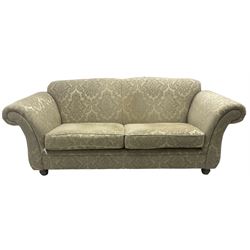Traditional design three-piece lounge suite - three-seat sofa (W220cm, H90cm, D90cm); two armchairs (W115cm); and two footstools (77cm x 43cm, H31cm); upholstered in cream damask fabric