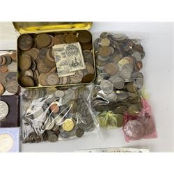 Great British and World coins including Queen Victoria 1887 and 1888 double florins, King George V 1929 halfcrown, King George VI 1951 Festival of Britain crown, commemorative crowns, Queen Elizabeth II 1953 nine coin set in blister pack, 1989 and 1995 two pound coins, various pre-decimal pennies and other coinage