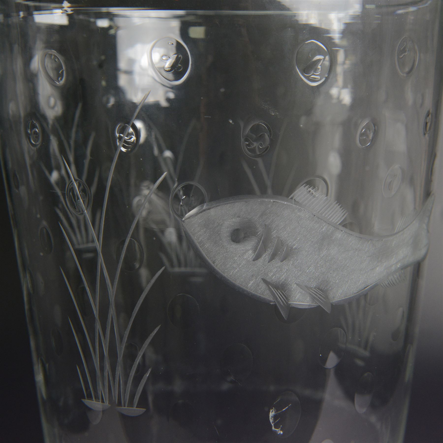 David Hammond for Thomas Webb, glass fish vase, with  air bubble inclusions, etched and engraved with a fish, marked beneath, H30cm