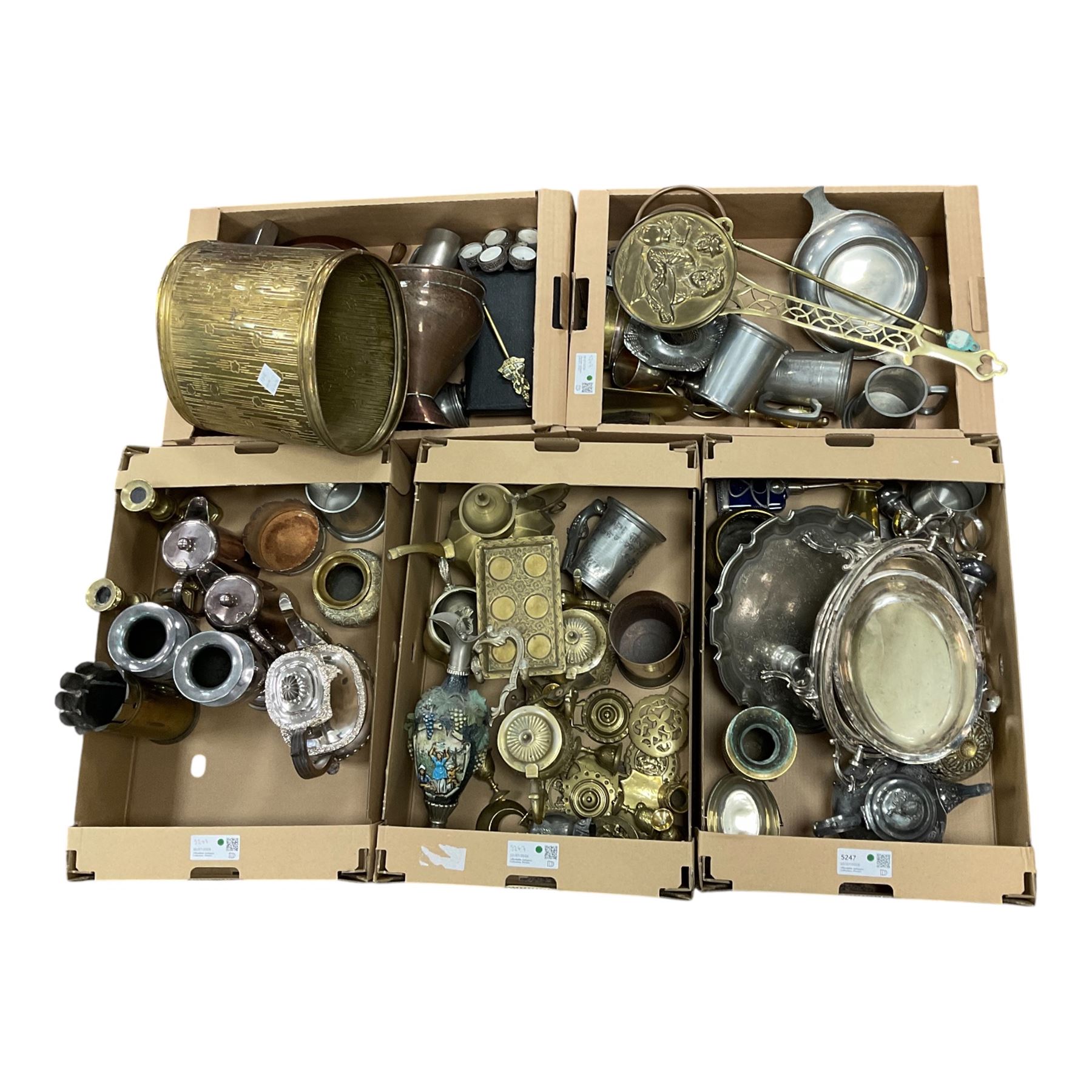 Large collection of metalware, to include decanters, teapots and fireside tools, in five boxes