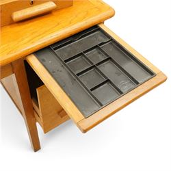 Abbess Woodwork Company - Mid  20th century solid oak single pedestal desk, rounded rectangular top with single pedestal, oak pull handles with fitted slide, above a drawer with cutlery divider, over a double height drawer, square tapering supports united by stretchers