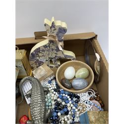 Assorted collectables, to include carriage clock, Ronson cigarette lighter, small quantity of costume jewellery, hardstone eggs, silver plated sucrier modelled as a scuttle, etc., in one box 