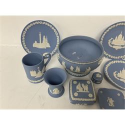 Wedgwood Jasperware footed bowl, together with other Wedgwood jasperware, to include Piccadilly Circus 1971 Christmas book, covered trinket boxes, Christmas plates etc (9)
