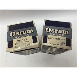 Five Osram thermionic radio valves/vacuum tubes, comprising MU14, MHD4 7PIN MET, VMPG4, DH63 and W61M, all in original boxes