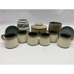 Collection of studio pottery, to include salt glaze vase with trailed decoration, impressed JH mark, possibly Joanna Still (nee Harrisson), set of six cups and vase by Diana Eden with impressed DE marks beneath, etc