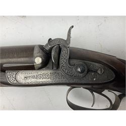 19th century John Jefferson of Scarborough 6-bore (modern 4-bore) double barrel side-by-side percussion gun, with 81cm stub twist damascus barrels (no provision for ramrod), well figured walnut stock with fine chequered grip and fore-end with horn tip and steel butt plate with long tang, well engraved lock and hammers with half-cock safeties on both sides, barrel sling swivel but rear sling swivel removed and replaced with silver escutcheon, London proofmarks, NVN, L128cm