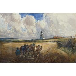 John Atkinson (Staithes Group 1863-1924): Working Horses Harrowing near Ugthorpe Mill, watercolour signed 58cm x 89cm