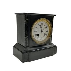 French - mid 19th century 8-day Belgium slate mantle clock in a break-front case with a flat top and varigated green marble inserts to the front, white enamel dial with Roman numerals and moon hands within a decorative glazed bezel, countwheel striking movement striking the hours and half hours on a bell. With pendulum. 