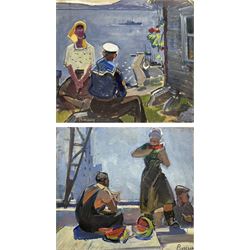 Viktor Fedorovich Vasin (Russian 1919-1997): Sailor and Young Lady Looking out to Sea and Workers Eating Watermelon, double-sided oil on board signed 46cm x 52cm (unframed)