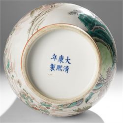 Chinese Kangxi period famille verte vase, the body finely painted with a continuous narrative scene of figures inside and out of a pavilion complex, beside a river, rocks and trees, character mark to base, raised upon a hardwood stand, overall H47cm