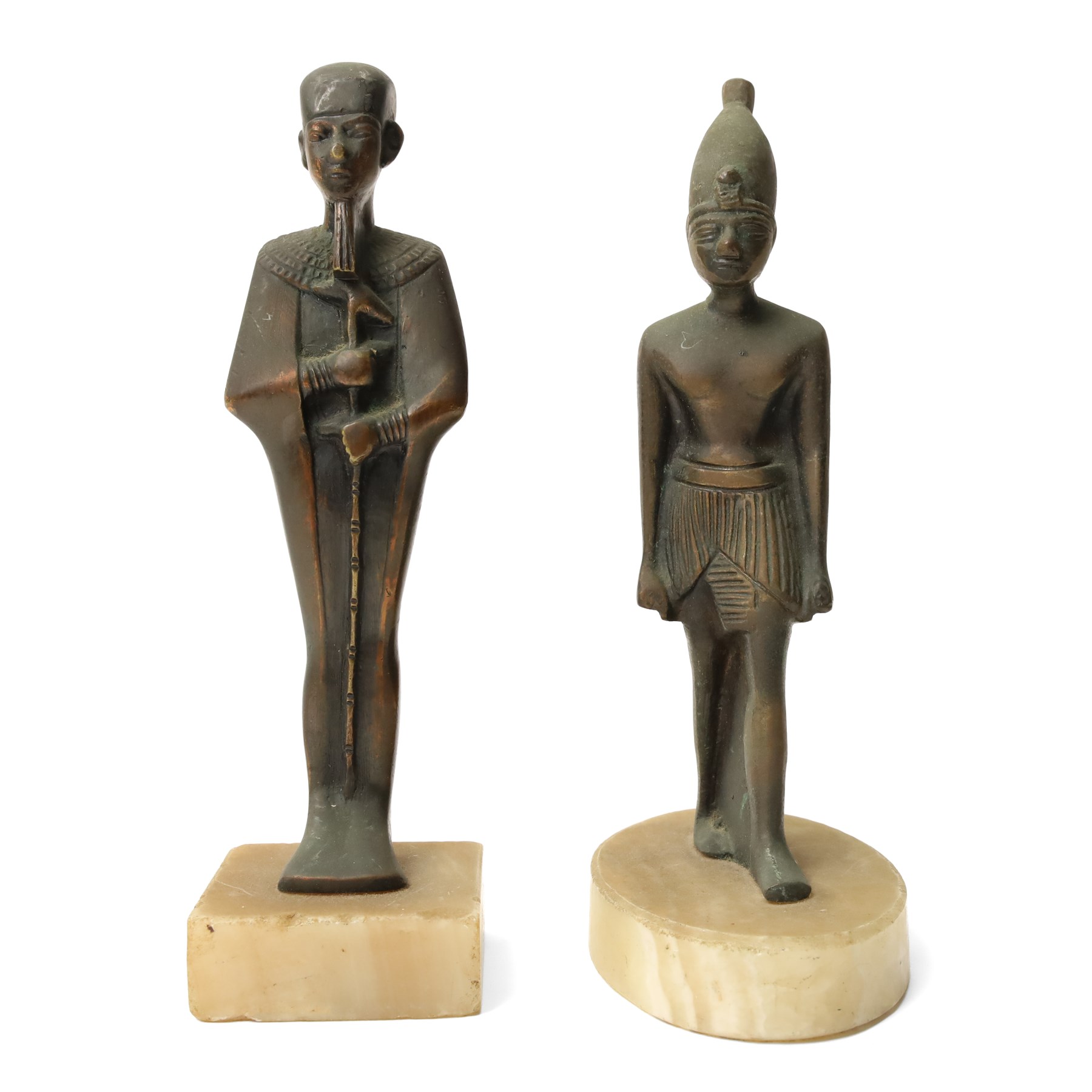  Egyptian bronze figure of Osiris H20cm, another Egyptian figure, small vase and cover and an ancient wine vessel (4)