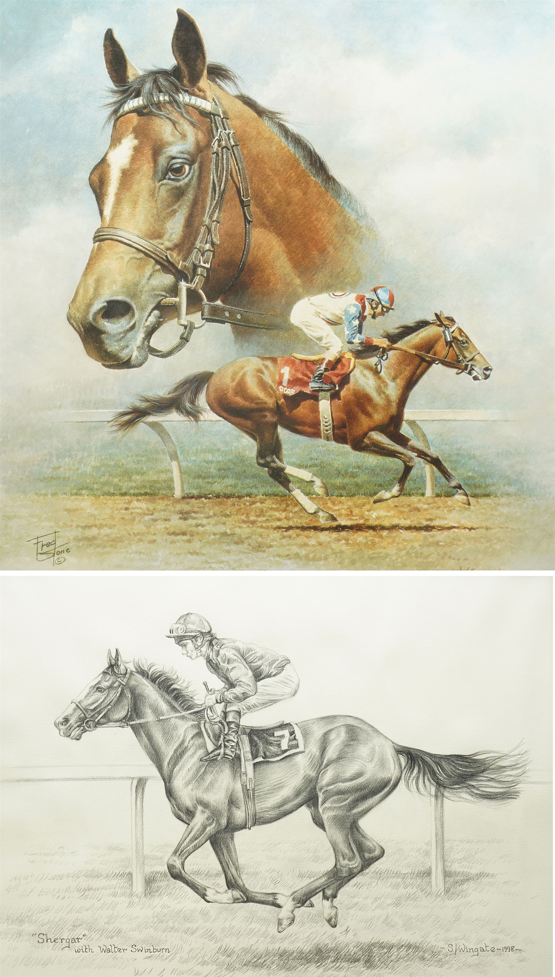Sue Wingate (British 1947-2016): 'Shergar' with Walter Swinburn, pencil sketch signed titled and dated 1998, 37cm x 51cm; together with a print of 'Cigar' after Fred Stone, signed in pencil, 46cm x 44cm (2)