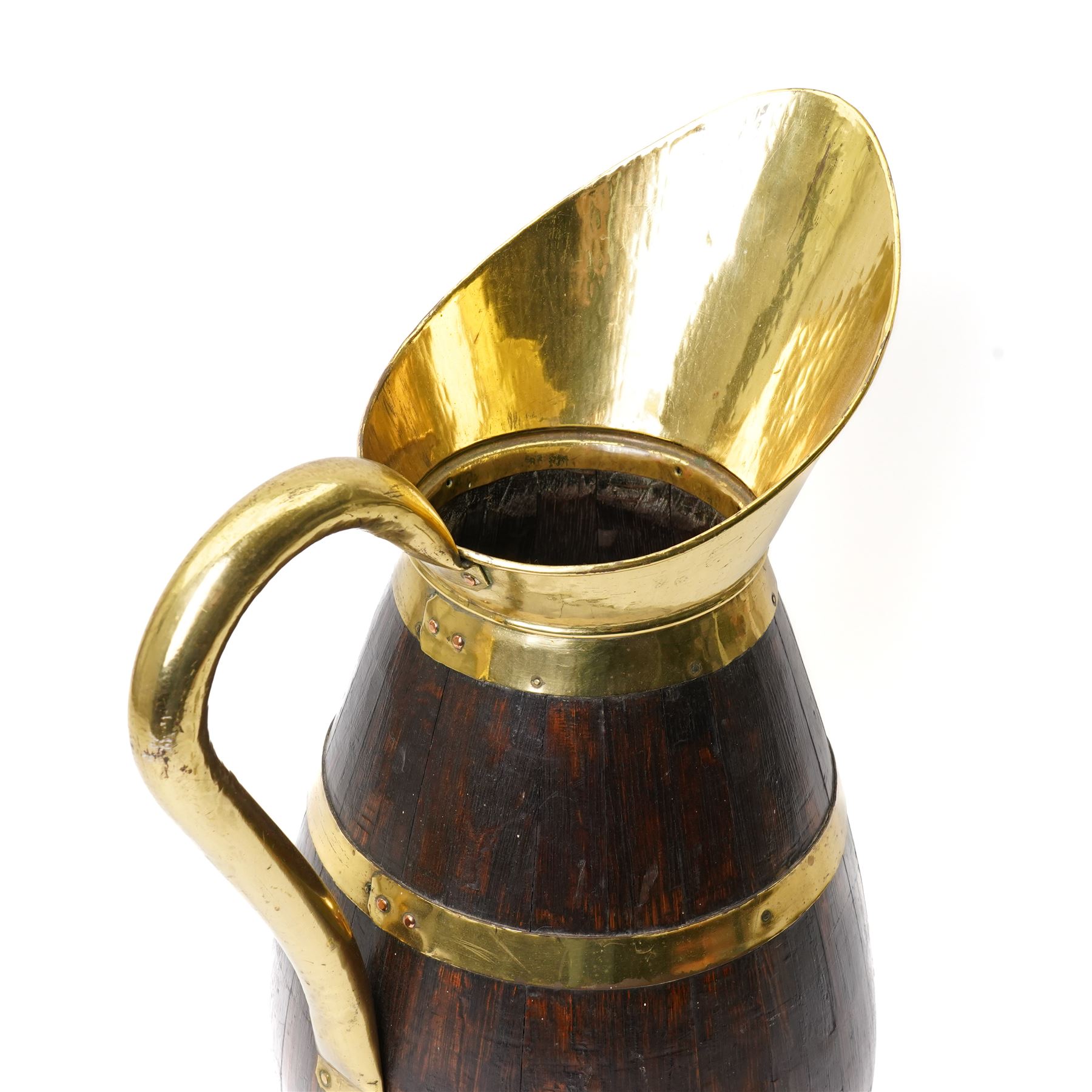 Large wooden and metal banded pitcher with loop handle H61cm