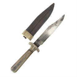 Hunters companion bowie knife, 12cm clip-point steel blade, silvered cross guard with foli...