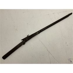 19th century Indian matchlock musket, approximately 20-bore, the 79cm barrel with three bands, plain oak full stock impressed 2954, metal covered breech and solid trigger L135cm overall