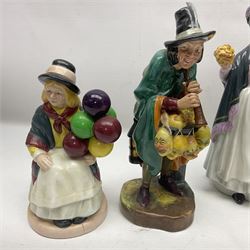 Seven Royal Doulton figures, including The Mask Seller HN2103, Silks and Ribbons HN2017, Balloon Girl HN2818, Balloon Boy HN2934 and other balloon sellers 