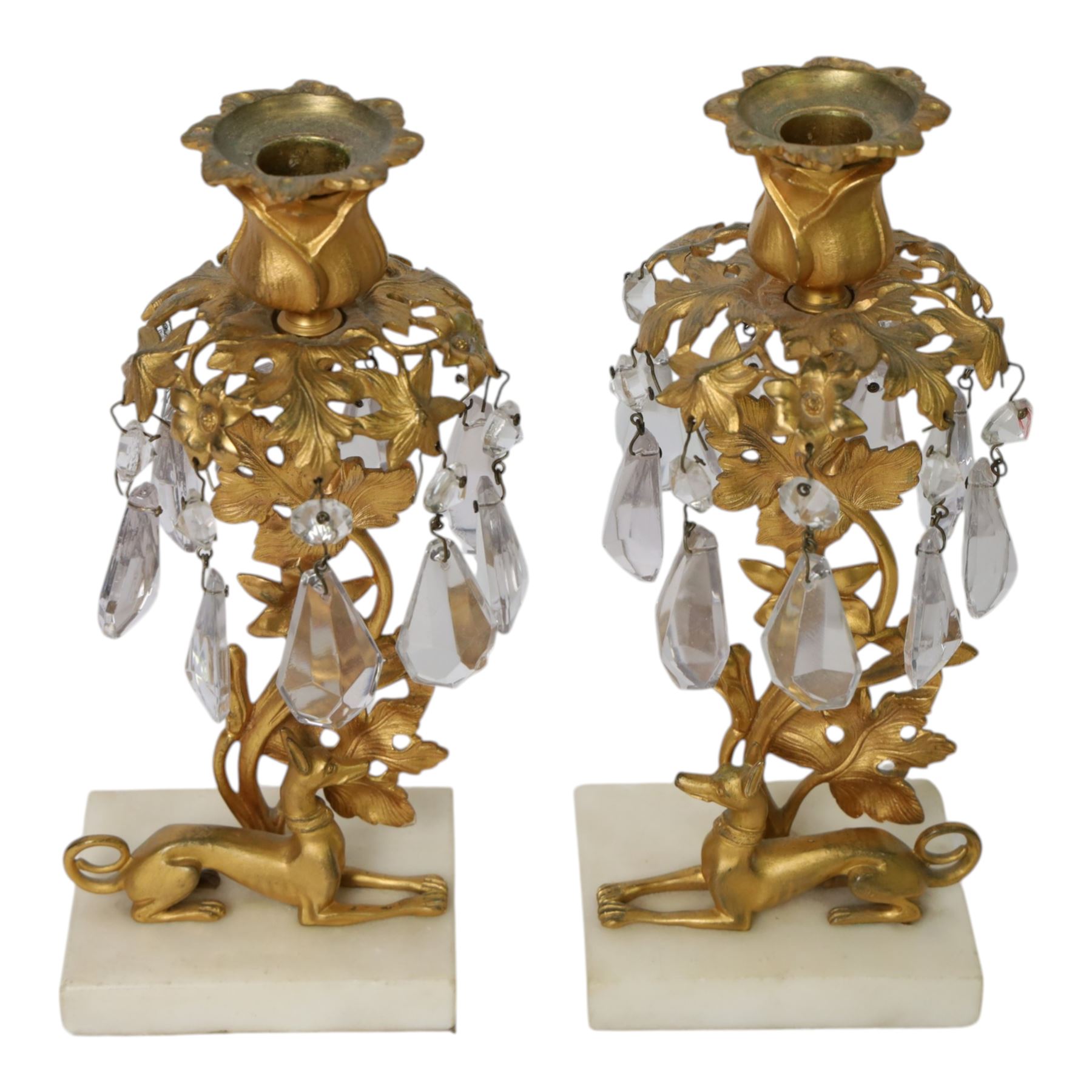 Pair 19th century gilt candle lustres, with recumbent grey hounds, below a leaf stem with flower bud sconce, H25cm