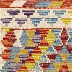 Two Chobi flatweave kilims with a repeating stepped diamond medallion design in live green, rust, teal, purple, and ivory, framed by chevron and geometric borders, 121x80cm & 87x60cm 