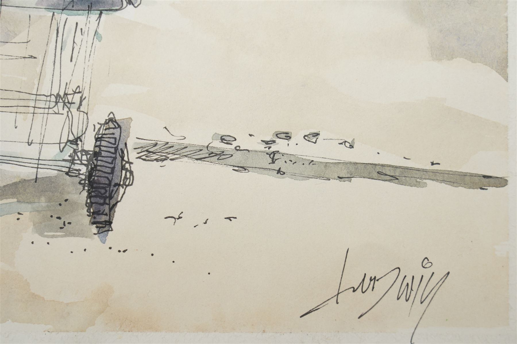English School (20th Century): Folkestone Harbour, watercolour and ink signed Ludwig 39.5cm x 57cm (unframed)