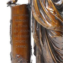 After the Antique - a pair of important 19th-century patinated bronze allegorical figures representing Calliope and Melpomene, the Muses of Epic Poetry and Tragic Drama, each modelled as a classically draped female figure standing beside a pedestal with climbing ivy, Calliope depicted writing upon a tablet, embodying poetic inspiration; Melpomene shown in contemplative pose and wearing a serpent bracelet, emblematic of wisdom, transformation and the inspired voice of drama, the pedestals inscribed respectively with the names of celebrated English poets and playwrights including Chaucer, Spenser, Milton, Pope, Cowper, Burns, Byron and Scott; the other with Shakespeare, Beaumont, Fletcher, Ben Jonson, Massinger, Congreve and Garrick, on integral square bases, each bearing incised or stamped foundry or model numbers to the underside, H47cm