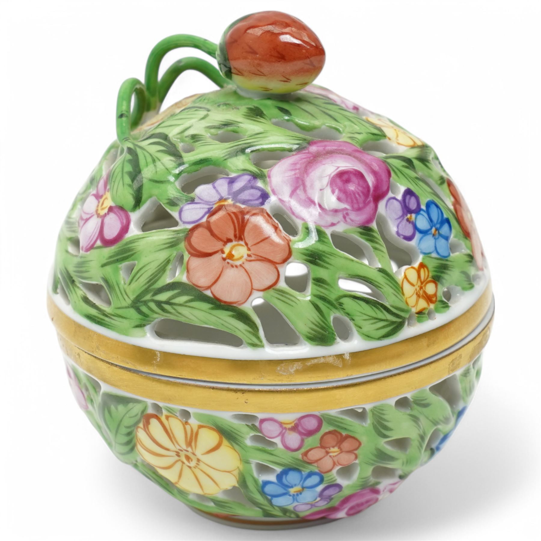 Herend porcelain model of a frog on a leaf, together with pierced potpourri with cover in floral design, each with marks to base, H8cm (2)
