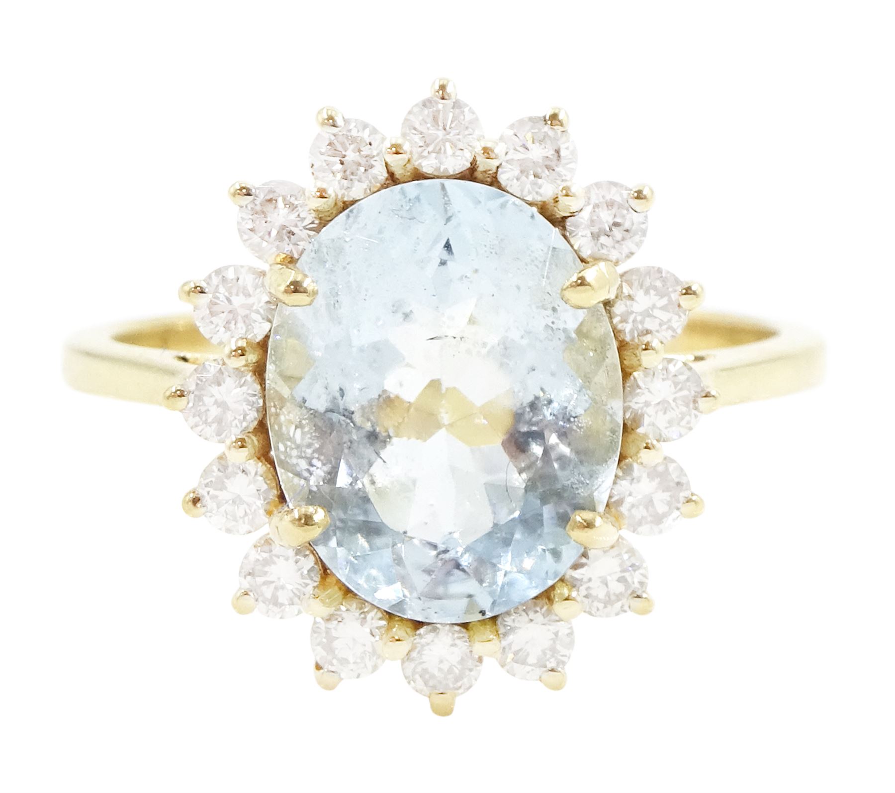 18ct gold oval cut aquamarine and round brilliant cut diamond cluster ring, stamped, aquamarine approx 2.20 carat, total diamond weight approx 0.50 carat
