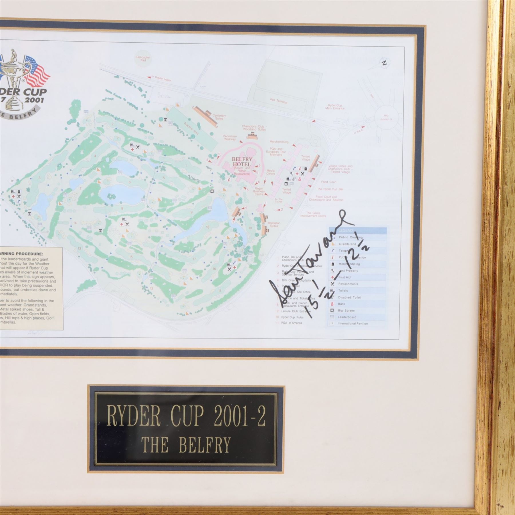 Signed golf memorabilia, to include 1988 US Masters Champion Augusta National flag, signed by Sandy Lyle, a golfing glove signed by Nick Faldo, two signed 2002 Ryder Cup prints, 1979 Masters scorecard signed by Fuzzy Zoeller displayed with a 1980 Masters scorecard signed by Seve Ballesteros, all framed, largest frame H60cm