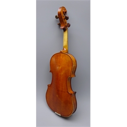  Late 19th century French JTL violin with 36cm two-piece maple back and ribs and spruce top, stripped finger board, L59cm, in carrying case  