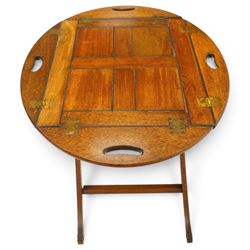 Georgian design mahogany butlers tray on stand, hinged tray-top with pieced handles over folding campaign stand