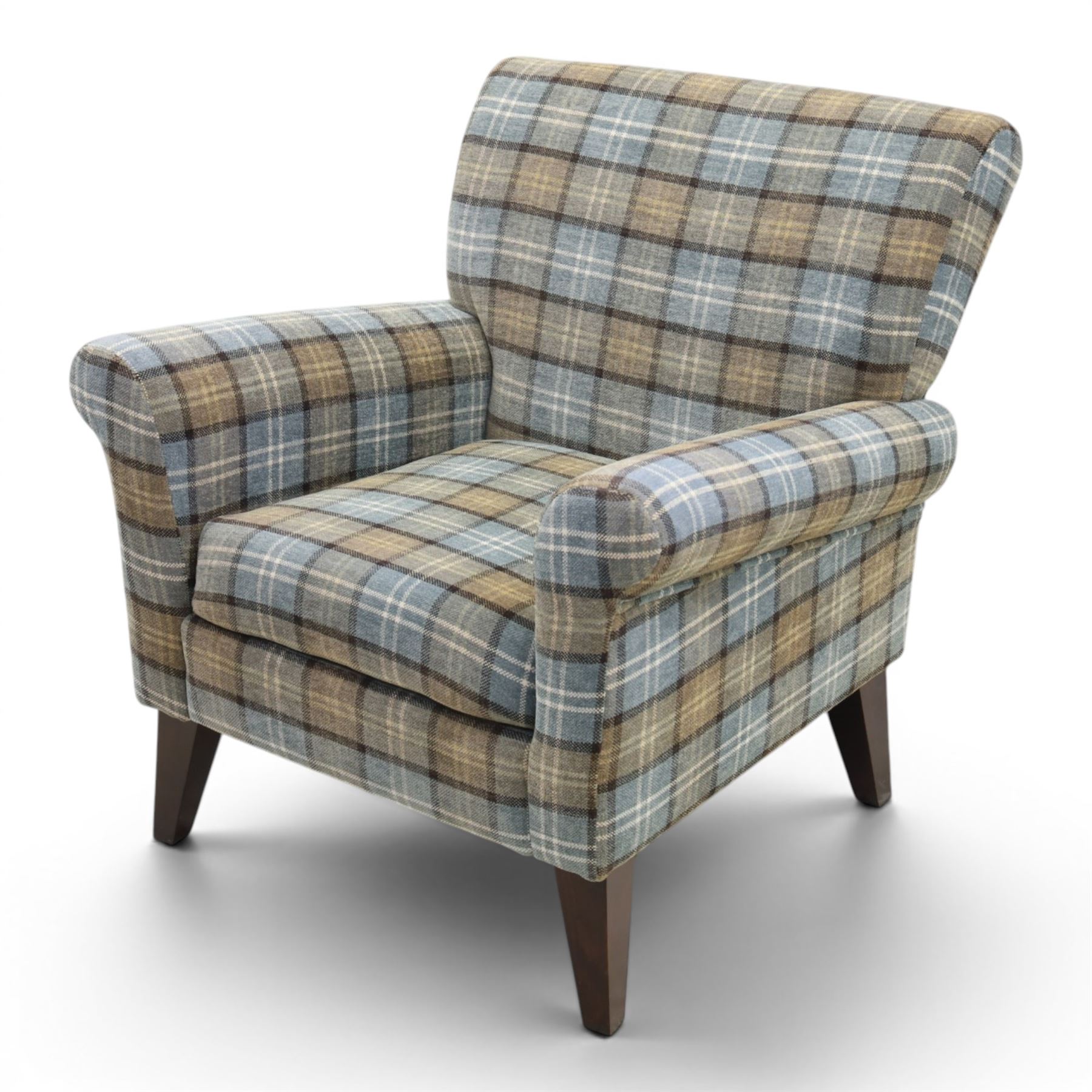 Contemporary armchair, upholstered in blue chequered fabric, dark stained square tapered supports