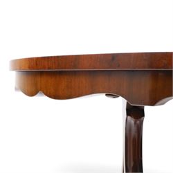 Victorian mahogany breakfast table, oval moulded top over a shaped frieze, on twin pierced lyre-form end supports with moulded scroll feet, united by a turned stretcher, on castors