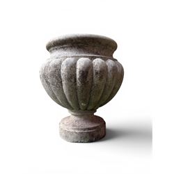 Small marble campana pedestal urn, fluted lobes raised on circular pedestal foot