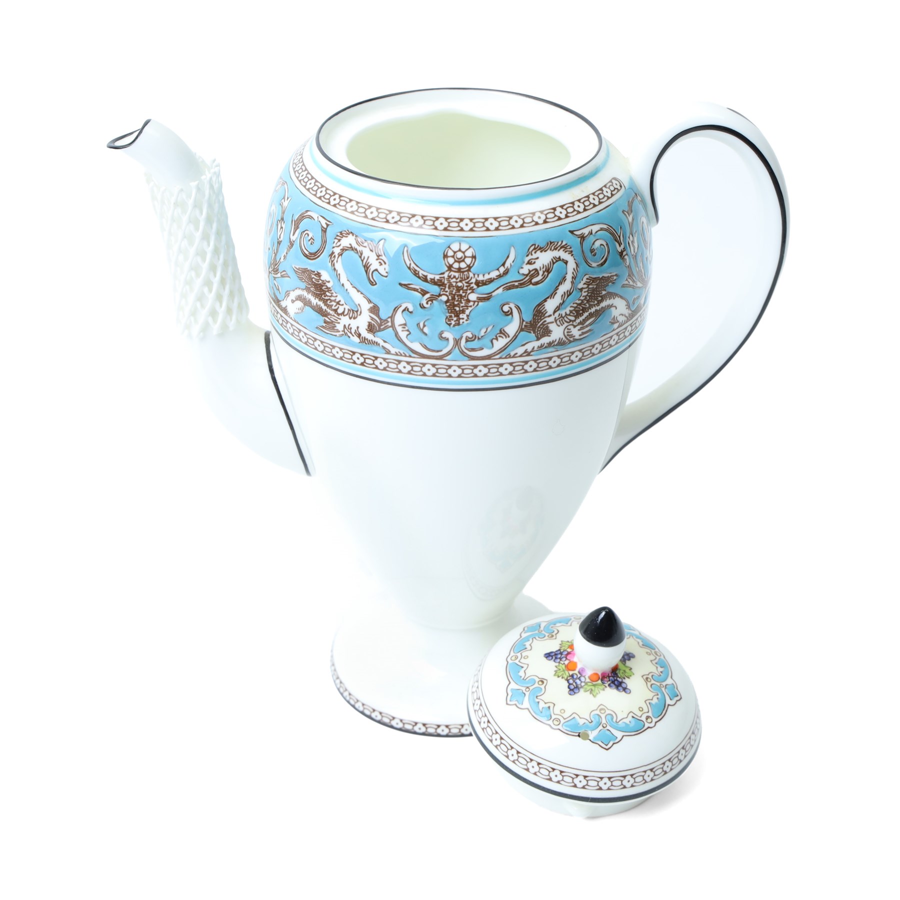 Extensive Wedgwood Turquoise Florentine part service tea, dinner and coffee service for six covers comprising six dinner plates, six dessert plates, six soup bowls and stands, pair of vegetable dishes and covers, gravy boat ad stand, oval meat plates, six tea cups and saucers, six coffee cans and saucers, six tea plates, teapot, coffee pot, sucrier and cover, sugar bowl, milk and cream jugs and cake plate, 72 pieces