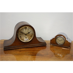  20th century arched oak cased mantle clock with silvered Arabic dial, triple train movement stamped 4304 Westminster striking the quarter hours on rods, with key and pendulum, H25cm and a polished chrome and mahogany arched top presentation timepiece dated 1940, H14cm (2)  