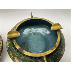 20th century Chinese cloisonne enamel smoking set, comprising two ashtrays, box and tray, with floral and foliate scrolling on green ground