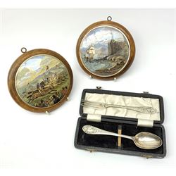 Two Victorian pot lids - 'The Chin Chew River' and 'A Race or Derby Day', D10.5cm, in matching cane frames, together with a Victorian silver christening spoon and fork, hallmarked Sheffield 1863, in associated box. 