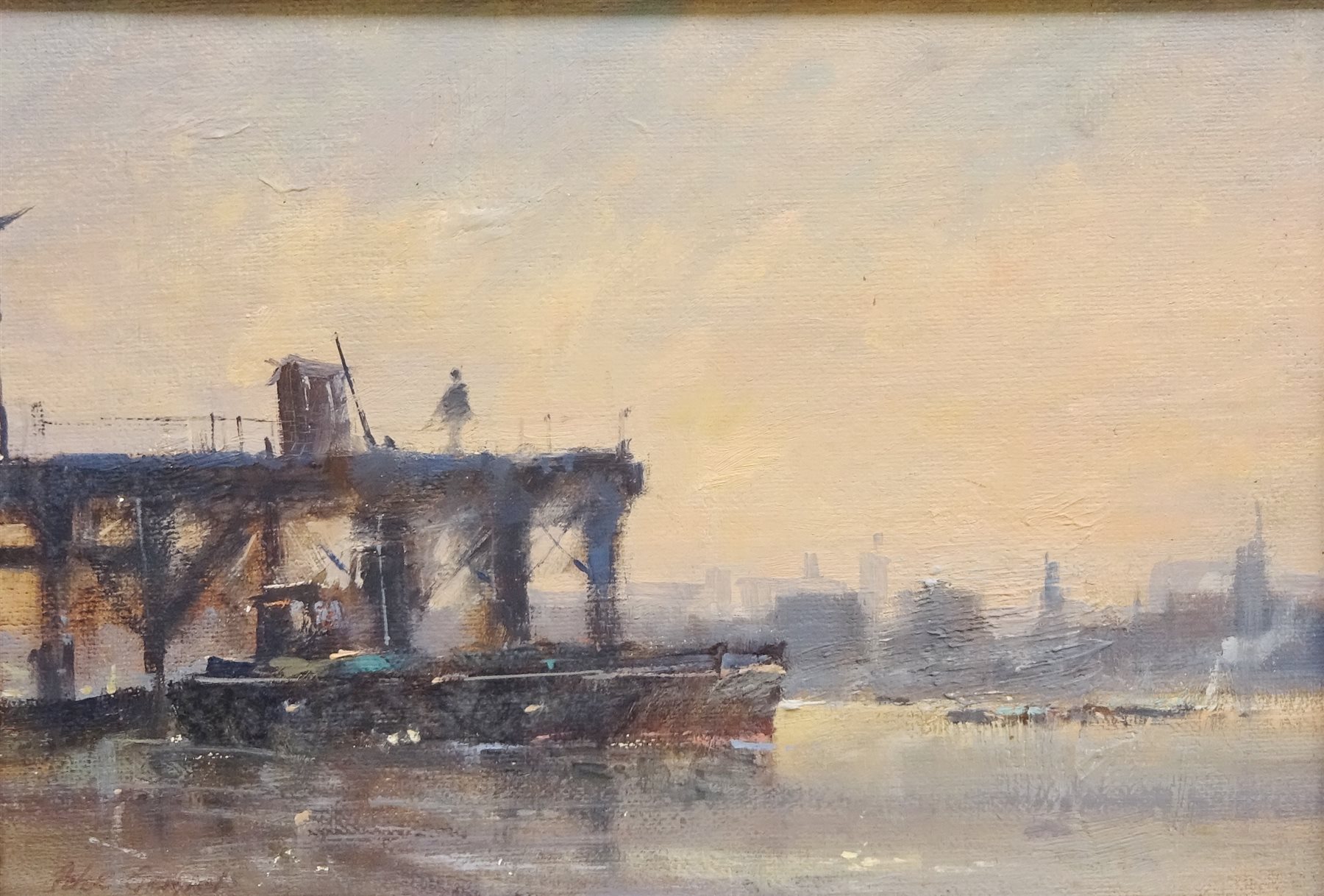 Peter Gilman (British 19281984) City River Scene, oil on board signed