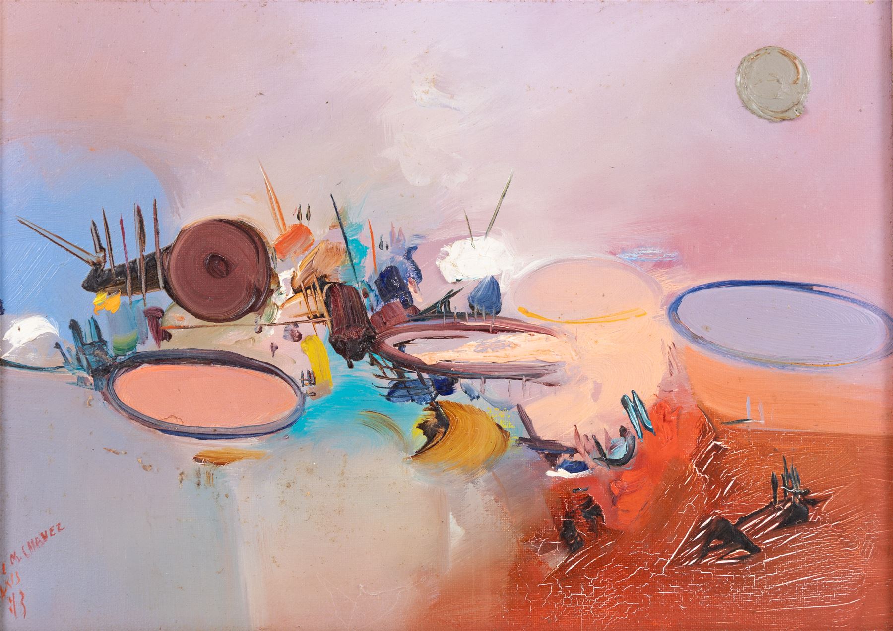 M Chavez (Contemporary): Abstract, oil on canvas signed 22cm x 31cm 