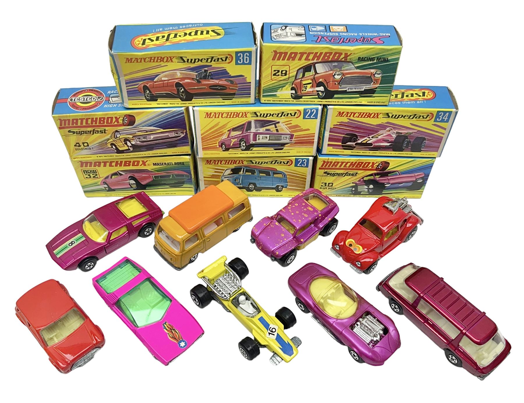 Matchbox 1-75 Series 'Superfast' ex-shop stock - eight models comprising 22d Freeman Intercity Commuter, 23e Volkswagen Camper, 29d Racing Mini, 30d Beach Buggy, 32d Maserati Bora, 34d Formula 1 Racing Car, 36d Hot Rod Draguar and 40d Vauxhall Gildsman 1; all boxed; and an unboxed 31d Volksdragon (9)