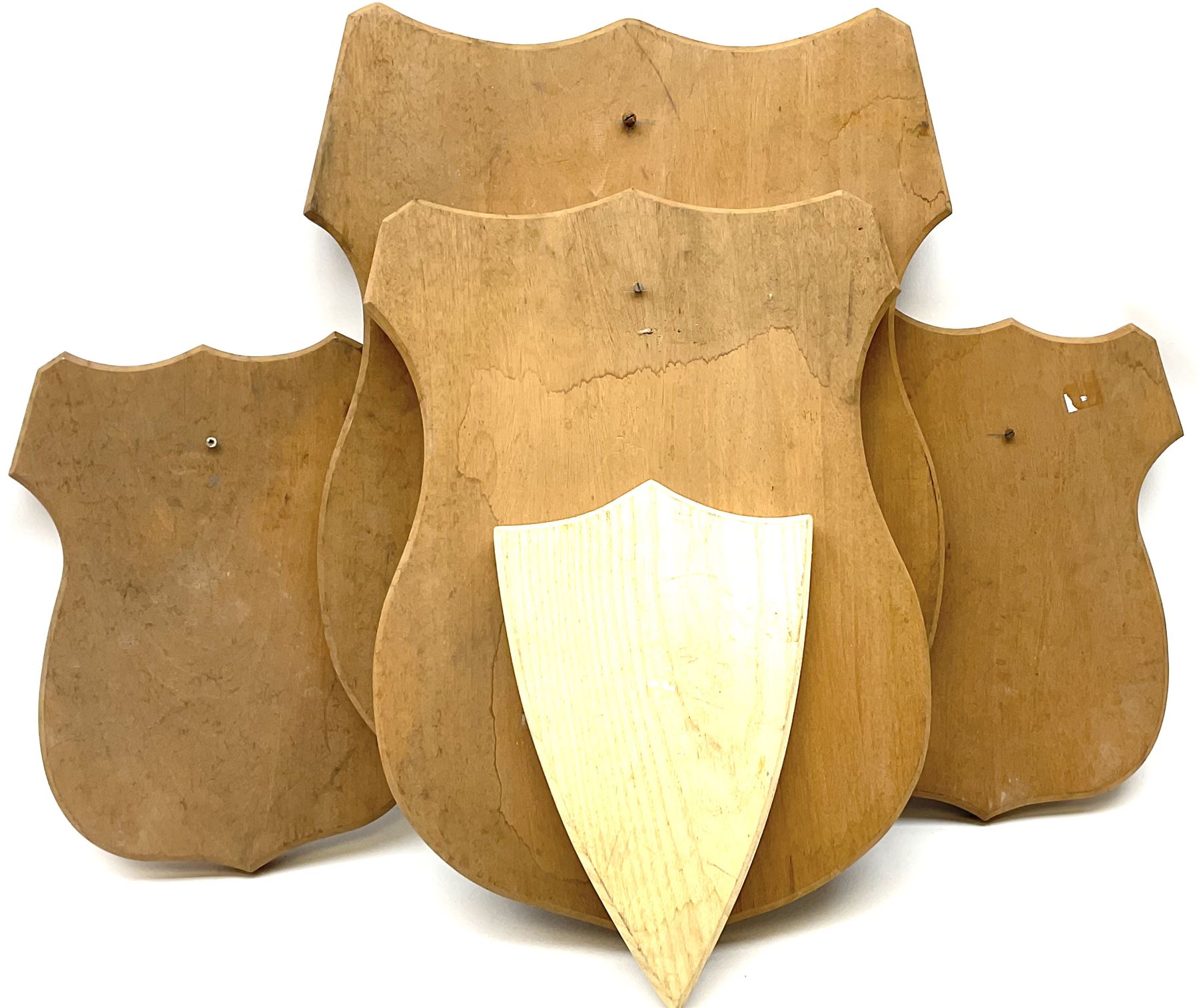 Five wooden shield plaques for mounting taxidermy of various sizes, largest H67cm, D51cm. 
