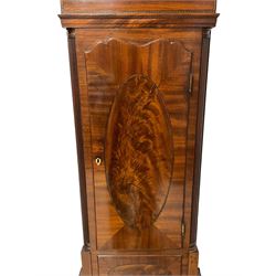 John Morgan of Aberystwyth - fine George IV mahogany 8-day longcase clock c1820, with a raised swan necked pediment, ball and eagle finial and deep inlaid frieze beneath, square hood door with a glazed circular wooden bezel and canted corners, long trunk with reeded quarter columns and a wavy topped door, rectangular plinth on bracket feet, circular painted dial with Roman numerals, minute track, makers name, and brass stamped hands, rack striking four pillar movement with a recoil anchor escapement, striking the hours on a bell. With weights and pendulum. 
John Morgan is recorded as working in Aberystwyth 1816-35. 