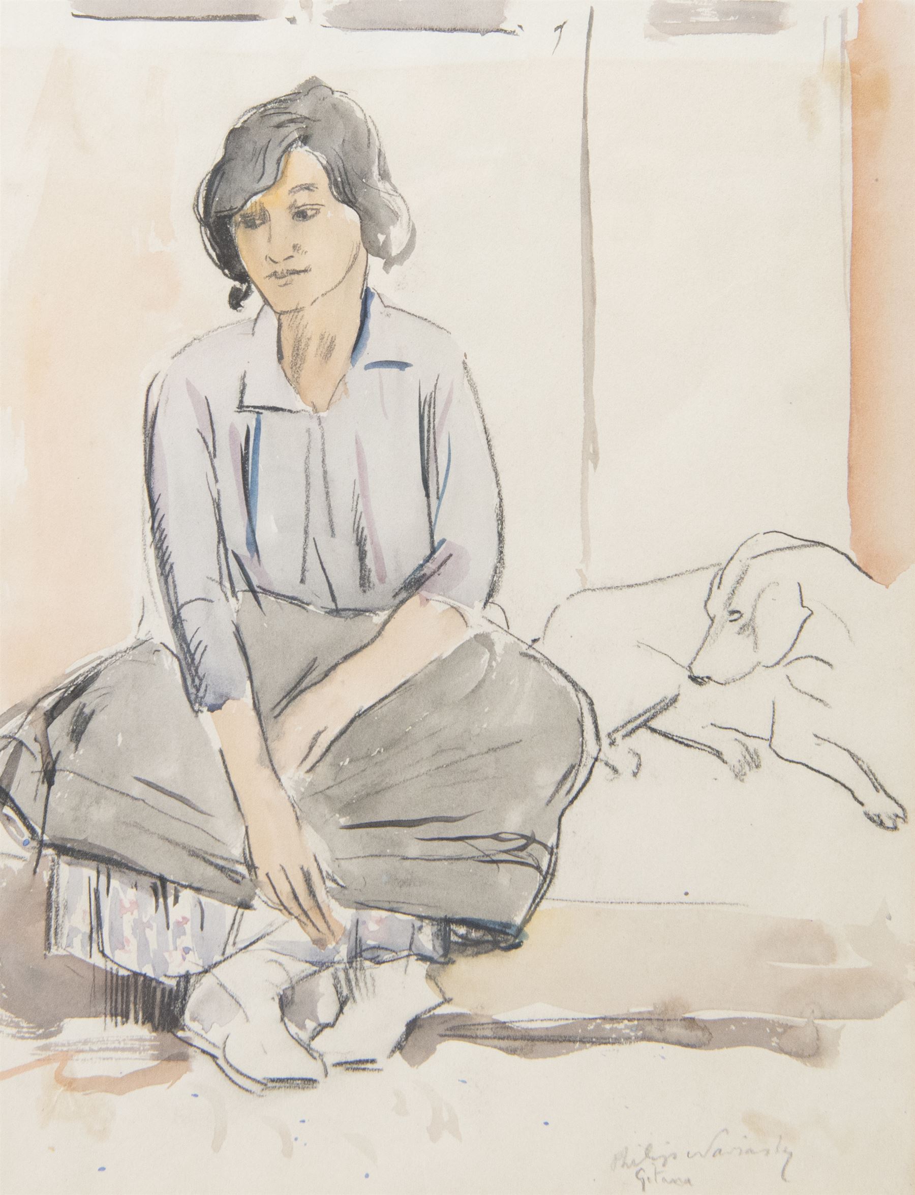 Philip Naviasky (Northern British 1894-1983): 'Gitana' with her Dog, watercolour and charcoal signed and titled 32cm x 24cm