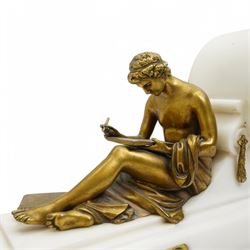 French- Fine early 20th century 8-day white marble mantle clock, on a rectangular stepped plinth with recessed brass banding and inset oval brass panels with raised scroll and leaf decoration, drum cased Parisian  movement flanked by a pair of seated cast brass figures taken from classical antiquity, with a convex white enamel dial and glazed cast brass bezel, Arabic numerals and minute markers with matching pierced brass hands, twin train going barrel movement with a recoil anchor escapement and rack striking, sounding the hours and half hours on a bell. With pendulum.  