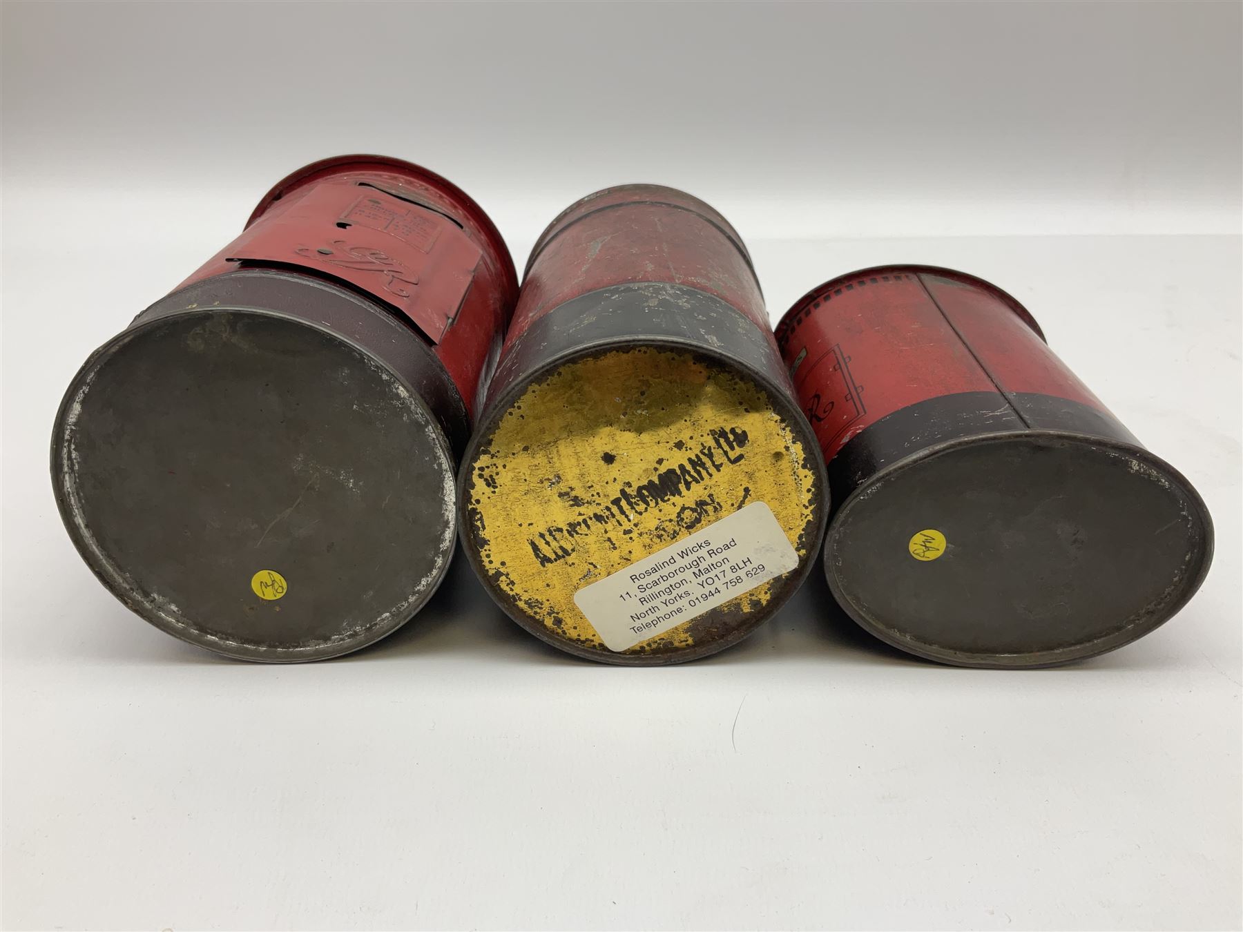 Collection of tin plate money boxes in the form of Royal Mail post boxes, to include four Chad Valley examples, one with key and others similar,  marked VR, GR and ER (10)