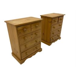 Pair of solid pine three drawer bedside chests (W39cm) and a pair of pine chests fitted with two short and three long drawers (4)