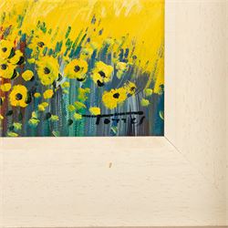 Miguel Torres (Spanish 1948-): Field of Sunflowers and Field of Blue Flowers, two oils on canvas signed 20.5cm x 20.5cm and 12.5cm x 28cm (2)