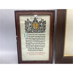 George V WW1 Memorial Scroll to Gunner William Henry Oughtibridge Royal Garrison Artillery; and WW1 Lincolnshire Regiment Disabled Honourable Discharge certificate with indistinct faded inscription; both framed (2)