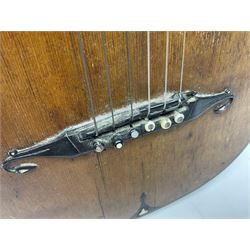 19th century Continental parlour guitar for restoration or display, with maple back and sides,  spruce top, scalloped neck and bone pegs; bears inset plaque to head 'Lapaix Paris 1830' and 'John Eastwood Teacher of the Guitar' paper label with manuscript note 'Fine Old Guitar Restored 1888 by JCB Leeds' L92cm
