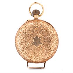 Early 20th century 12ct gold open face cylinder fob watch, white enamel dial with Roman numeral hour markers and gold decoration, retailed by T. Fattorini, with 9ct rose gold lug attachment, case with engraved foliate decoration and empty cartouche by Stockwell & Co, London import mark 1909